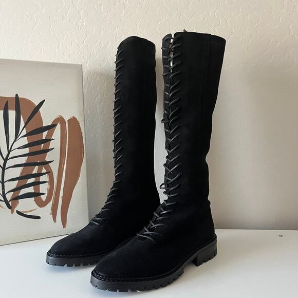 Tuckernuck Black Kyle Lace Up Knee High Suede Leather Lug‎ Boots Size 6 New - Picture 1 of 11